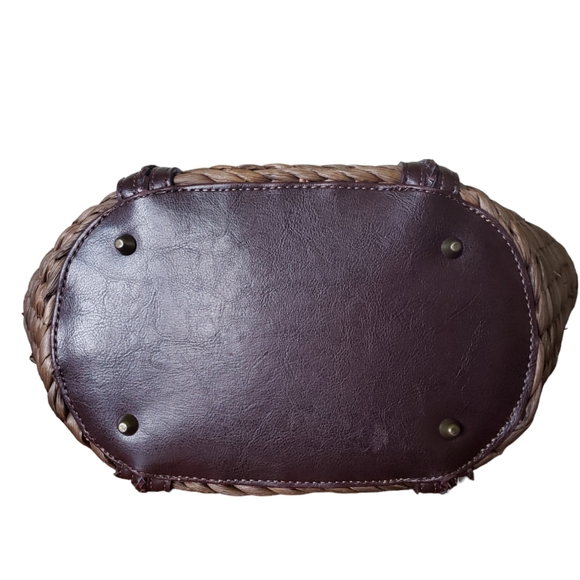 Coldwater Creek Woven Straw Brown Rustic Faux Leather Shoulder Bag Picnic Tote. - Picture 6 of 16